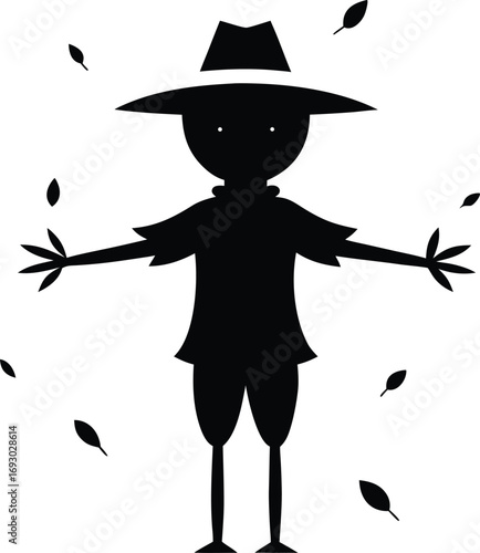 Whimsical silhouette of a friendly scarecrow with outstretched arms surrounded by falling autumn leaves silhouette isolated on white background isolated on transparent background
