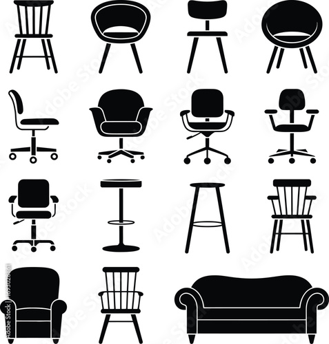 Chair and Seating Icon Set – Black and White Vector Silhouettes of Modern, Classic, Office, and Lounge Furniture Designs