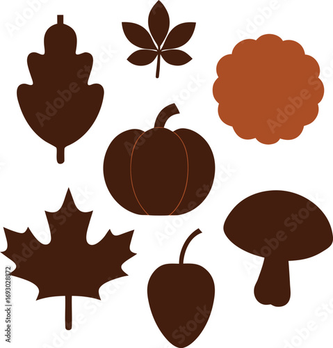 Collection of autumnal silhouette icons including leaves pumpkin acorn and mushroom isolated on white background isolated on transparent background