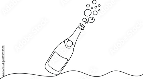 Bubbling champagne bottle celebration abstract single line art minimalist design