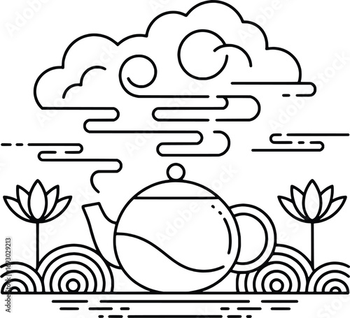 Serene tea ceremony asian cloud lotus flowers design oriental beverage tradition art