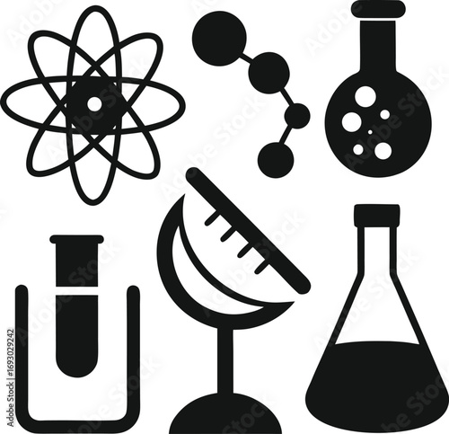 Collection of science and research icons including atom model molecule structure laboratory equipment and telescope silhouette isolated on white background isolated on transparent background