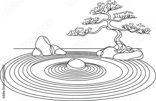 Zen garden tranquility black and white line art of bonsai tree raked sand rocks