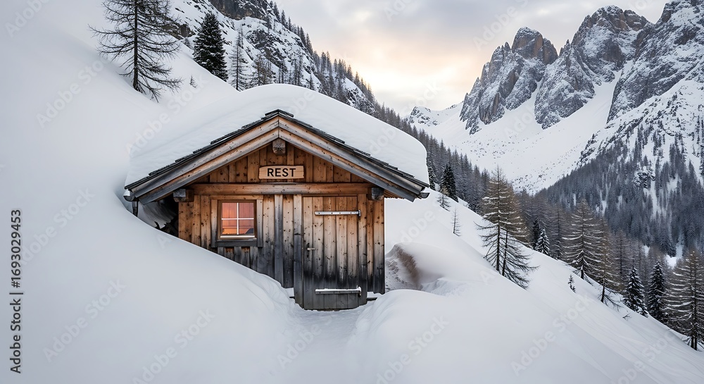 Naklejka premium Cozy Wooden Cabin Buried in Deep Winter Snow.