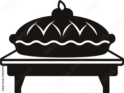 A dark silhouette of a freshly baked pie with a decorative crust sitting on a table isolated on white background isolated on transparent background