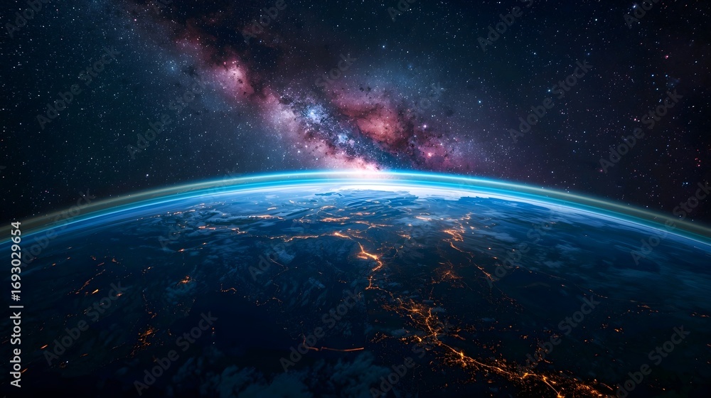 Fototapeta premium Cosmos Orbit Horizon Night Earth Space Galaxy Universe Planet Astronomy.