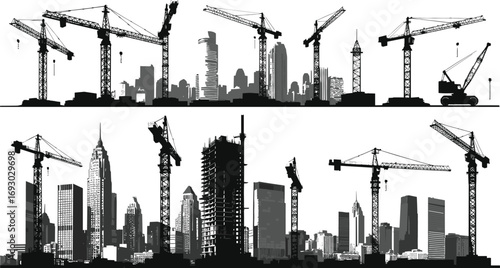 City construction skyline with cranes and high-rise buildings, urban development silhouettes, tower cranes working on modern architecture projects