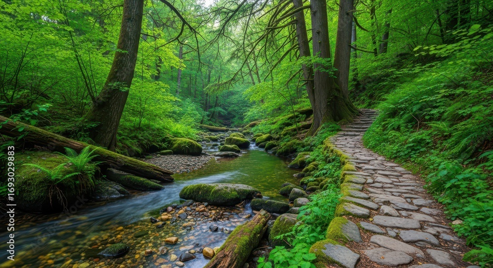 Naklejka premium Lush Forest Landscape with River and Stone Path