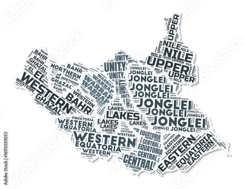 South Sudan shape text cloud. Country border with shadow on white background. South Sudan with regions division in vintage gazette style. Amazing vector illustration.