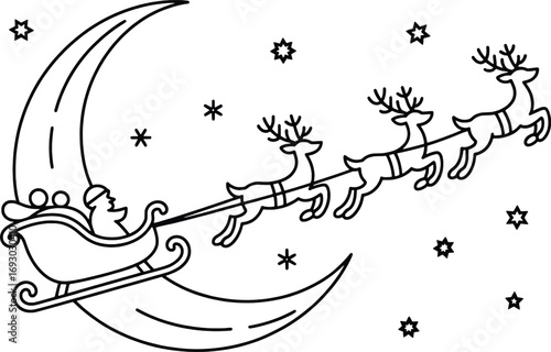 Santa claus sleigh pulled by reindeer flying across a crescent moon with stars during christmas night