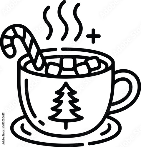 Cozy winter hot chocolate cup with candy cane and marshmallows festive christmas beverage icon