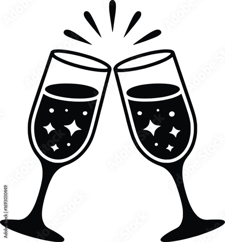 Celebration clinking champagne glasses with bubbles and sparkles simple icon