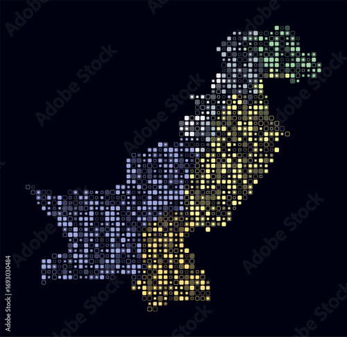 Pakistan, shape of the country build of colored cells. Digital style map of the Pakistan on dark background. Small size rounded square blocks. Amazing vector illustration.