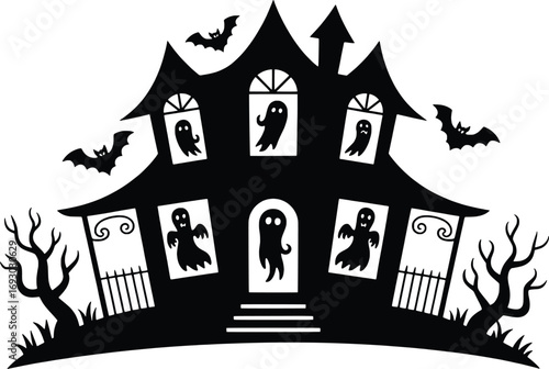 Spooky haunted house silhouette with ghosts and bats for halloween night celebration