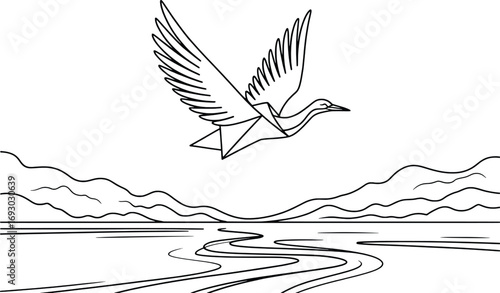 Graceful bird soaring over water and mountains sketch artwork freedom nature