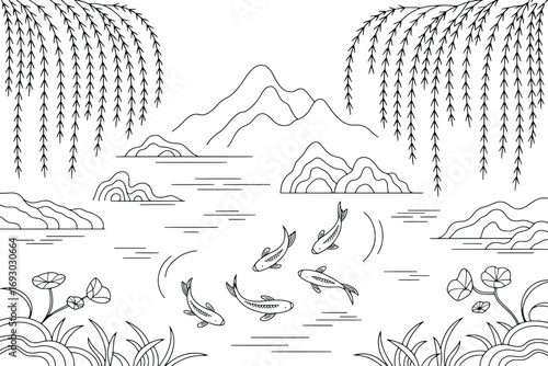 Serene japanese koi pond landscape with mountains willow trees and water lilies line art