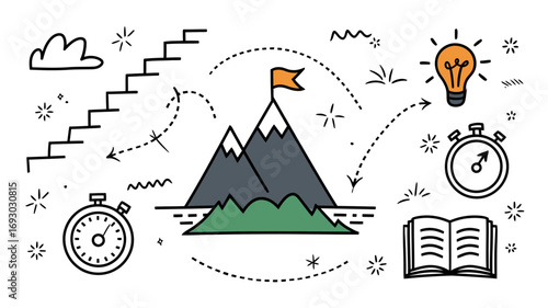 Reaching the mountain peak summit with a flag marking the successful achievement of goals and dreams through steps and planning