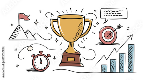 A golden trophy stands triumphantly surrounded by symbols of success like a stopwatch a flag on a mountain peak a target and a growing business graph