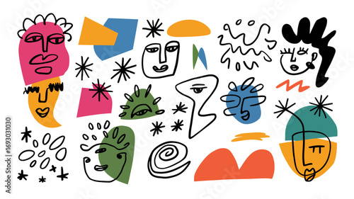 Colorful abstract line art faces shapes and doodles with a retro modernist vibe creating a playful and artistic modern composition