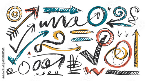 Collection of hand drawn arrow doodles and design elements showing direction movement abstract symbol and creative sketch artistic graphic direction
