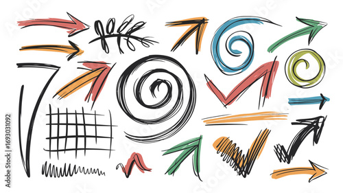A collection of hand drawn arrow doodles and scribble shapes representing direction growth movement progress and creative design elements for presentation and art