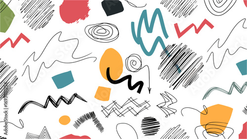 A playful and abstract pattern featuring scribbled lines organic shapes and colorful geometric elements in a repeating design