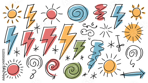 Collection of colorful hand drawn weather icons including sun lightning bolts swirls clouds and other natural elements