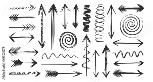 A collection of hand drawn arrows swirls and wavy lines representing direction movement progress change and communication in various styles