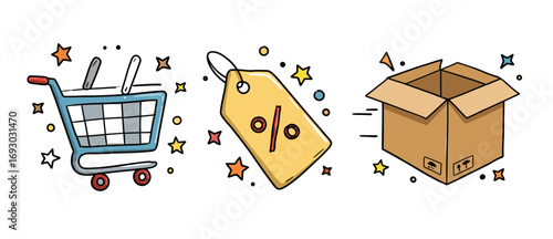 Shopping cart discount tag and open delivery box with stars representing online shopping sale and e-commerce fulfillment services
