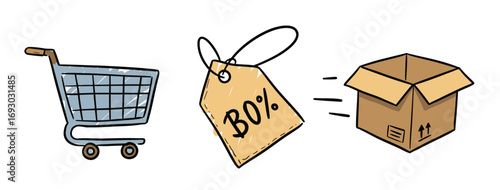Online shopping cart with a thirty percent off tag and a fast shipping delivery box icon symbolizing e-commerce retail and saving money