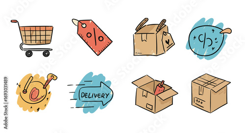 Shopping cart tag discount box delivery parcel package express shipping fast order fulfillment service retail e-commerce logistics