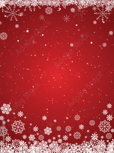 Red grunge Christmas background, Christmas wishes background, Winter Snowfall Christmas background, Flying snow flakes and stars on winter Red background. snowflake template. Vector illustration.