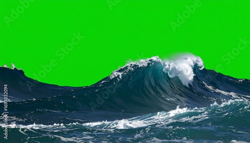 A powerful ocean wave crests, forming white foam against a vibrant green background. 
