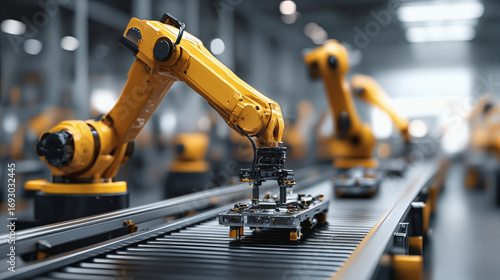 Industry 4. 0 technology concept. Smart factory using trending automation robotic arms with part on conveyor belt in operation line. Automotive manufacturing use it for precision, Repetition, intense