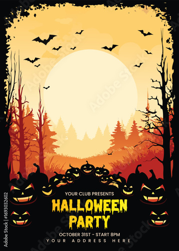 Spooky halloween party invitation with jack o lanterns and bats under a full moon