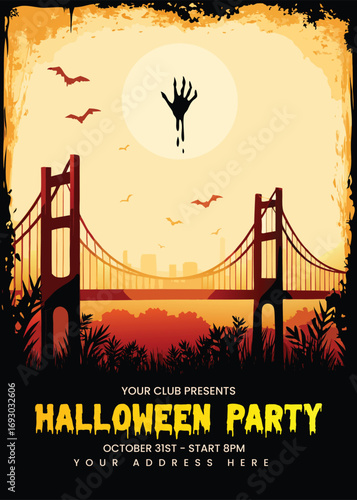 Spooky halloween party invitation with a haunted bridge and flying zombie hand