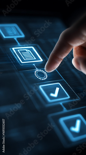 Finger touching a glowing blue digital document icon within a checklist on a dark futuristic screen