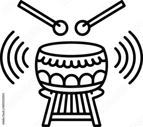 Simple line art icon of a drum with drumsticks sound waves celebration music performance
