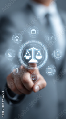 Finger touching digital screen with law icons and scales of justice graphic design
