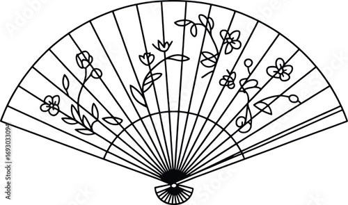 Elegant black and white handheld fan with delicate floral design perfect for design projects
