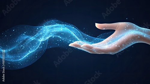 Woman's hand emitting ethereal blue energy, dark background
