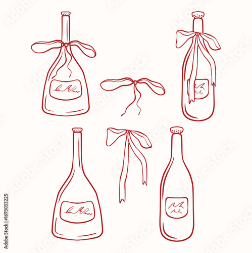 Red line bottles with bows, vector art