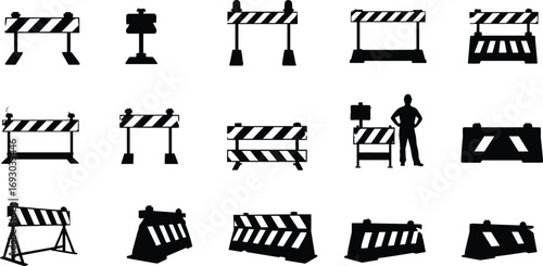 Collection of road traffic barricades, safety barriers, construction signs, silhouette worker, caution equipment, roadblock elements, warning signs, protection structures