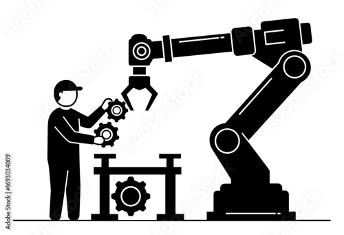 Factory worker with robotic arm assembling gears on white background