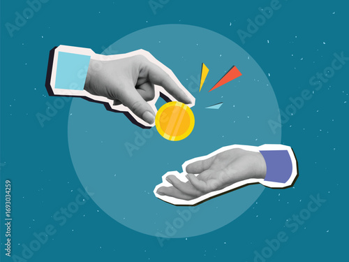 The hand places the golden coin in another hand. Modern photo collage style. Vector illustration