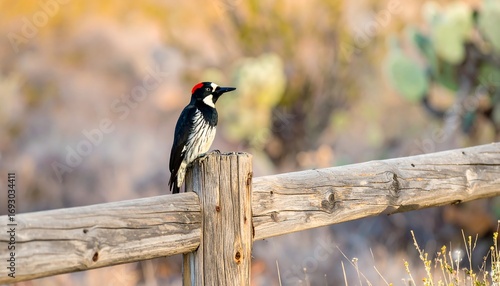 A woodpecker perched on a weathered wooden fence post, desert backdrop