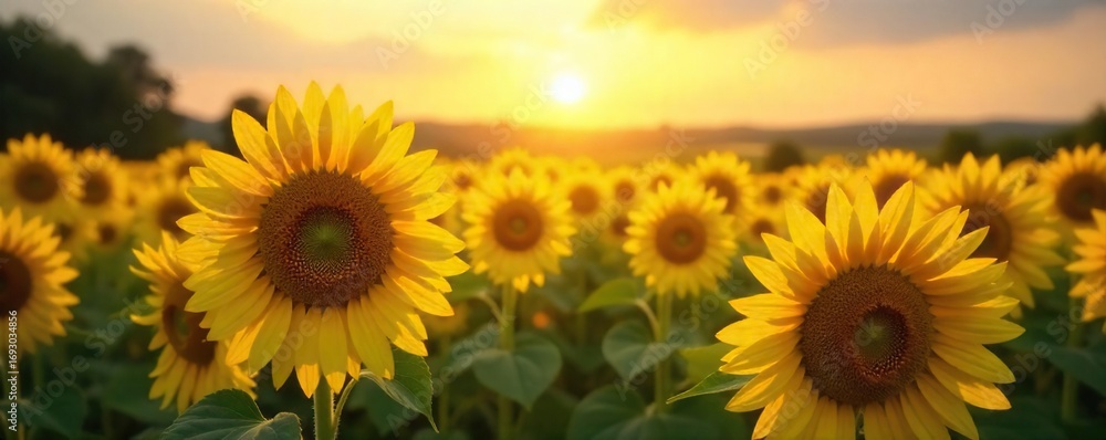 Obraz premium Golden hour sunlight bathes a vibrant field of sunflowers, creating a breathtaking landscape of warm yellows and greens Perfect for summer, nature, or agriculture themes , bloom, idyllic