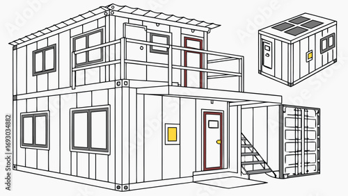 Modern Shipping Container House, Sustainable Eco-Friendly Modular Living Home Made from Cargo Containers, Vector Illustration, 3D Images