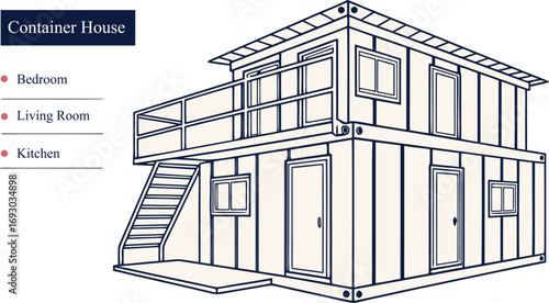 Modern Shipping Container House, Sustainable Eco-Friendly Modular Living Home Made from Cargo Containers, Vector Illustration, 3D Images