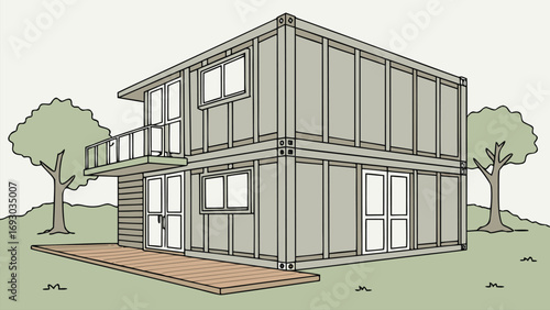 Modern Shipping Container House, Sustainable Eco-Friendly Modular Living Home Made from Cargo Containers, Vector Illustration, 3D Images